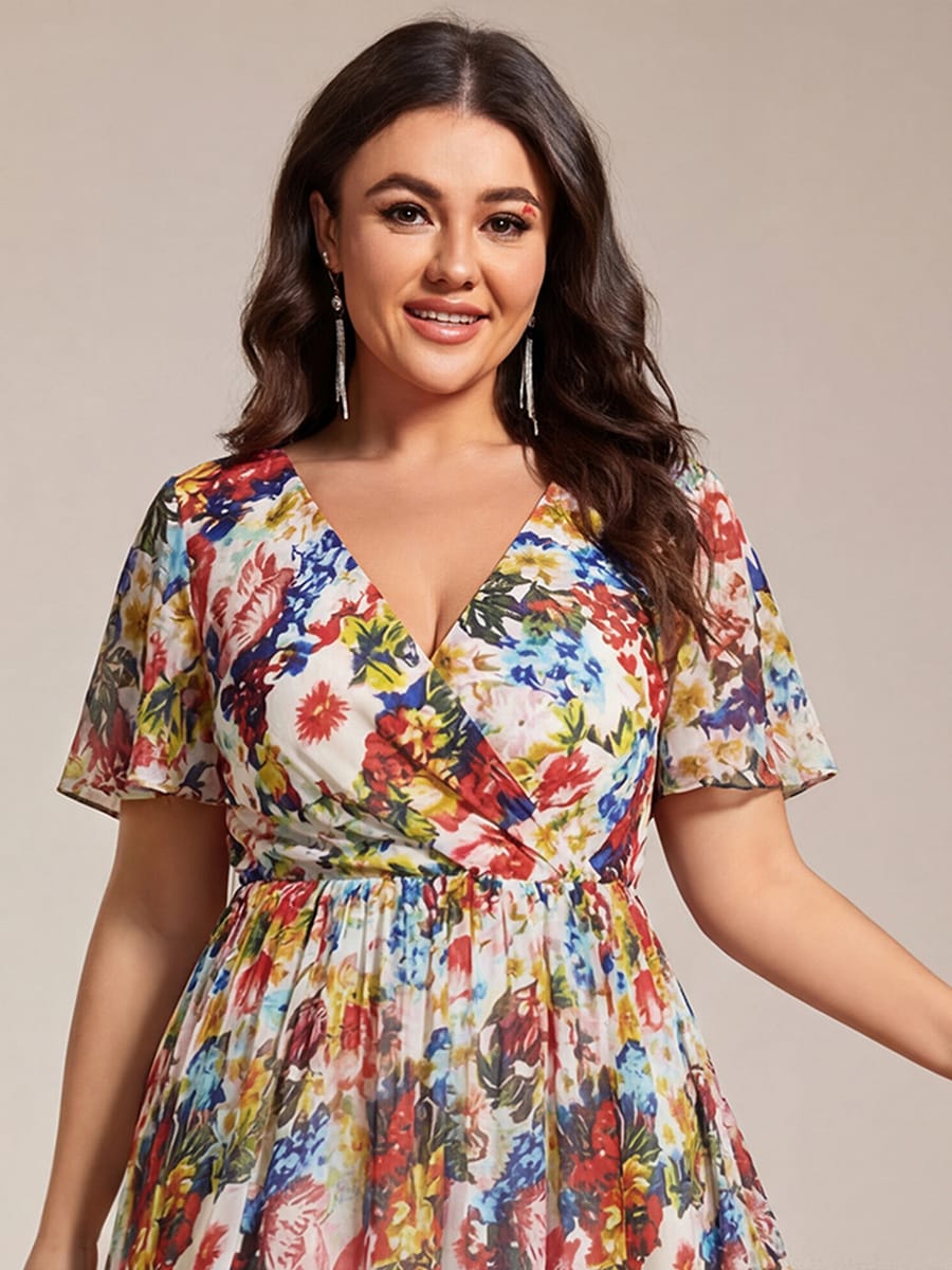 Floral Chiffon Elegance Short Sleeve High-Low Wedding Guest Dress #color_Printed Cream