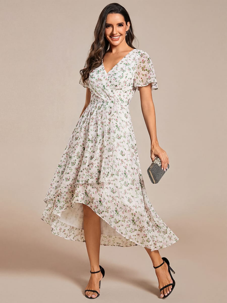 Floral Chiffon Elegance Short Sleeve High-Low Wedding Guest Dress #color_White Green
