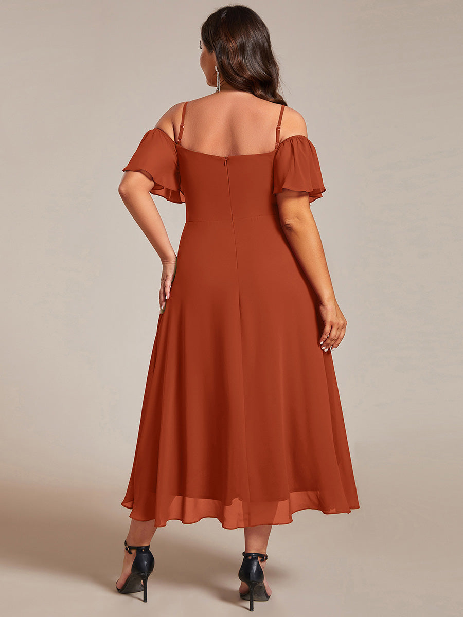One-Shoulder High-Low Chiffon Wedding Guest Dresses with Short Sleeves #color_Burnt Orange