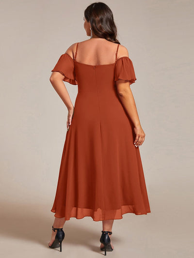Plus Size One-Shoulder High-Low Chiffon Wedding Guest Dresses with Short Sleeves #color_Burnt Orange