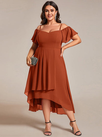 Plus Size One-Shoulder High-Low Chiffon Wedding Guest Dresses with Short Sleeves #color_Burnt Orange