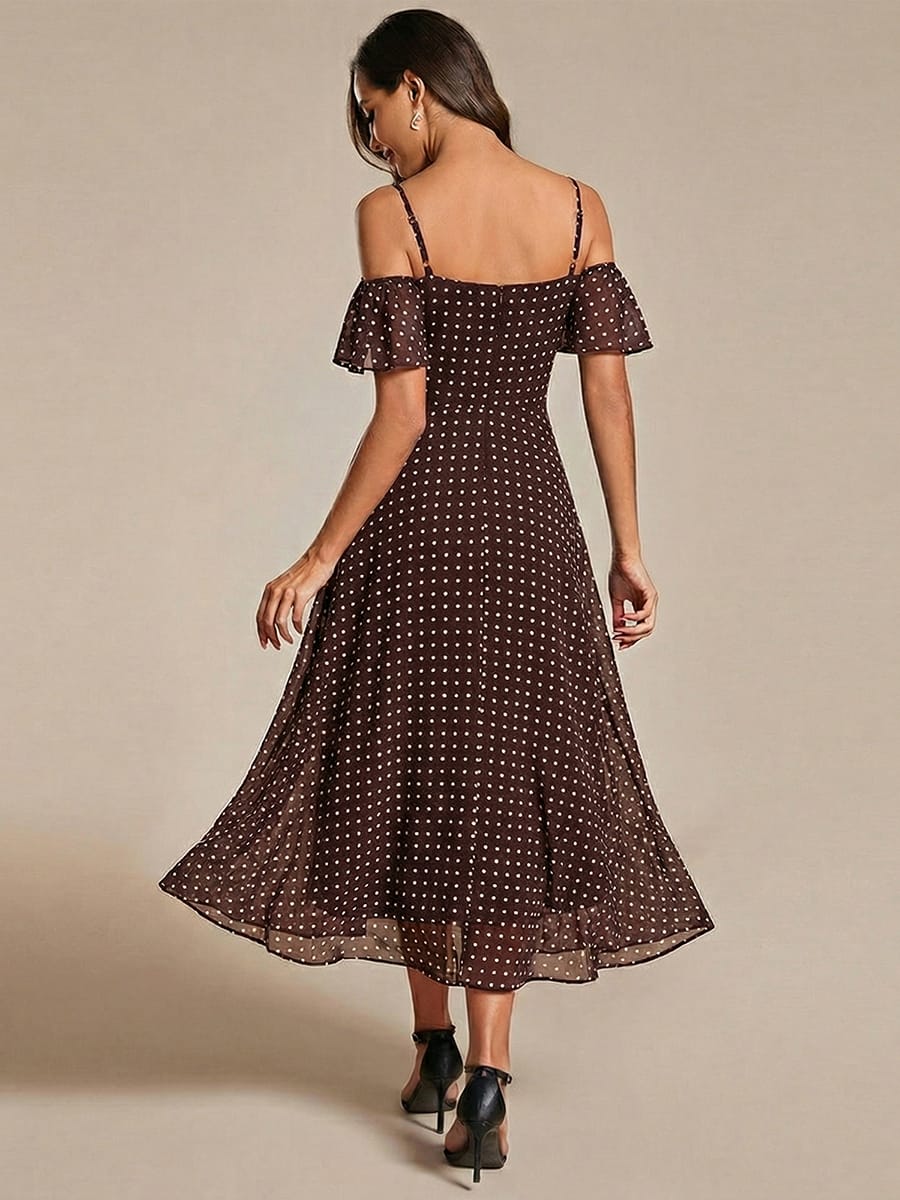 One-Shoulder High-Low Chiffon Bridesmaid Dresses with Short Sleeves #color_Brown Polka Dots