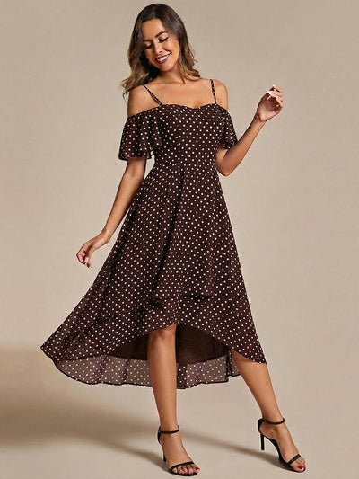 ever JORDANE|Off-Shoulder High-Low Chiffon Bridesmaid Dresses with Short Sleeves