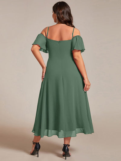 Plus Size One-Shoulder High-Low Chiffon Wedding Guest Dresses with Short Sleeves #color_Eucalyptus Green