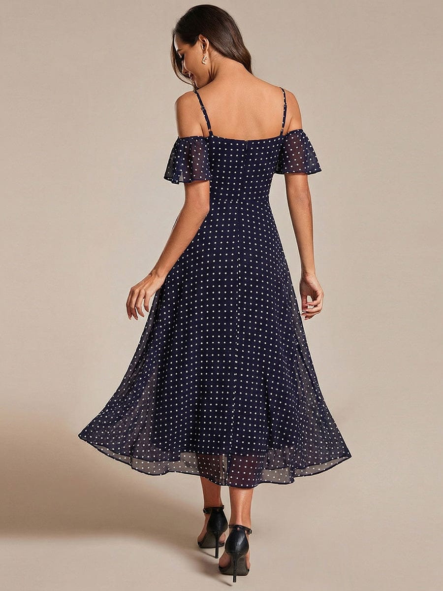 One-Shoulder High-Low Chiffon Bridesmaid Dresses with Short Sleeves #color_Navy Blue Polka Dots