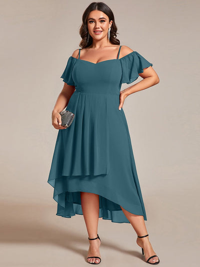 Plus Size One-Shoulder High-Low Chiffon Wedding Guest Dresses with Short Sleeves #color_Teal