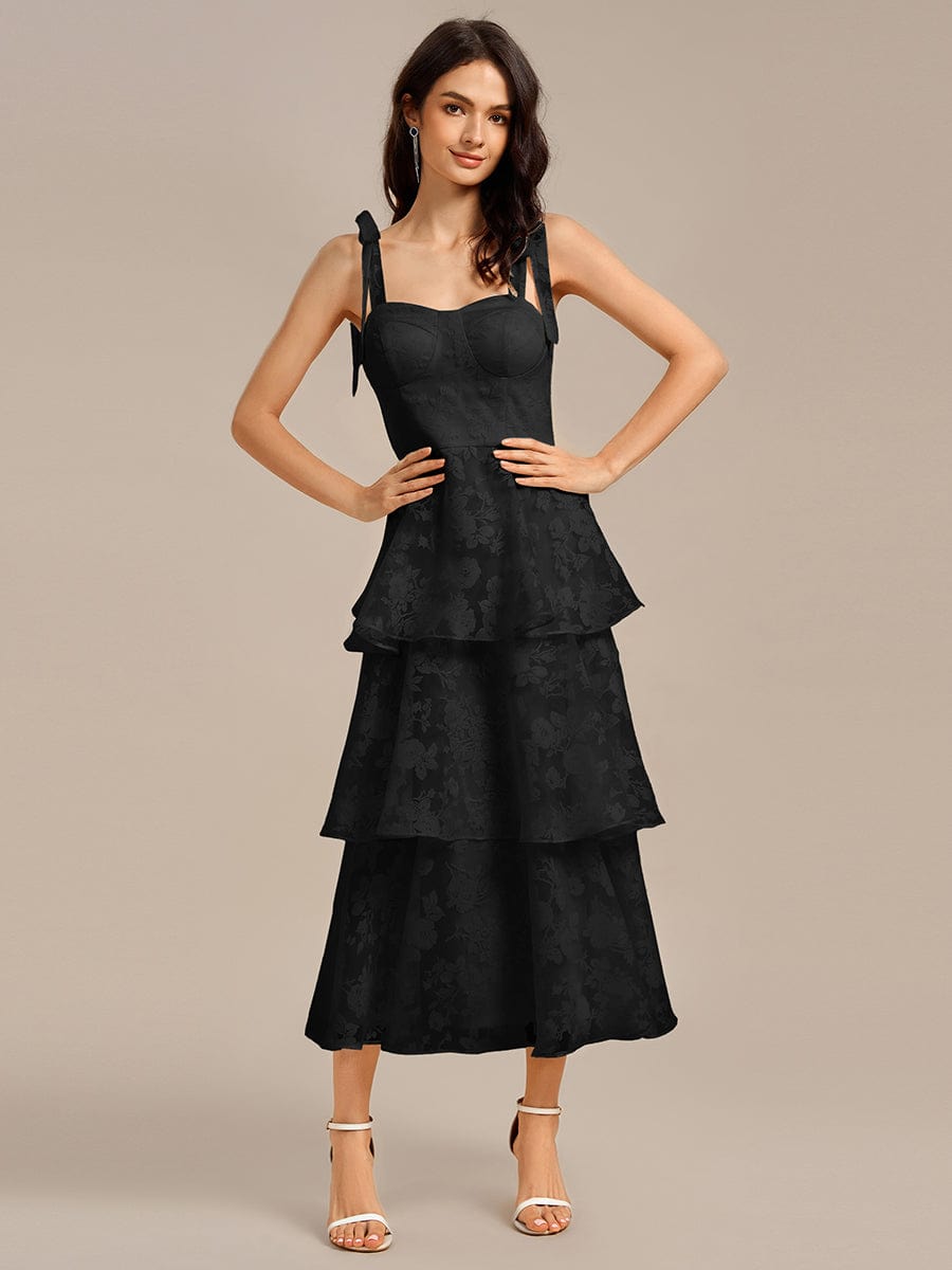 Floral Tie-Strap Bustier Tiered Midi Wedding Guest Dress #color_Black