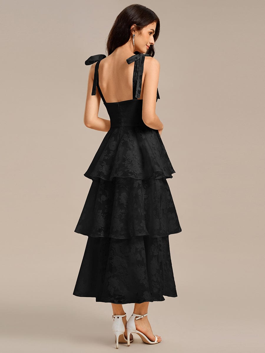 Floral Tie-Strap Bustier Tiered Midi Wedding Dress #color_Black