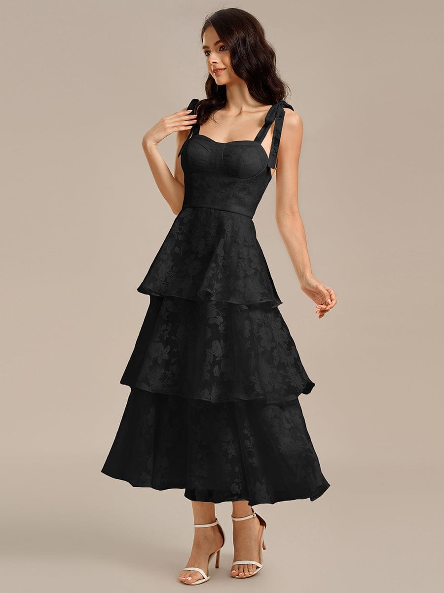 Floral Tie-Strap Bustier Tiered Midi Wedding Dress #color_Black