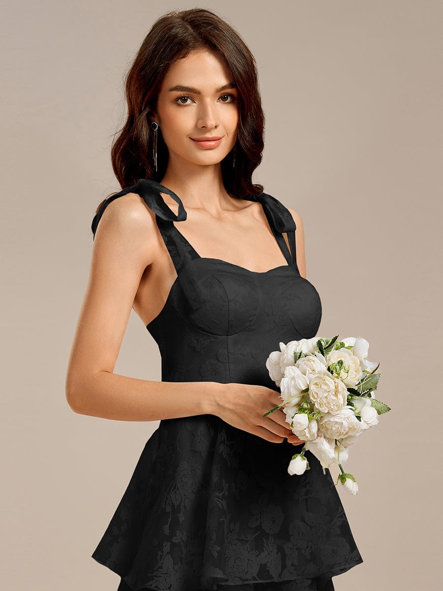 Floral Tie-Strap Bustier Tiered Midi Wedding Dress #color_Black