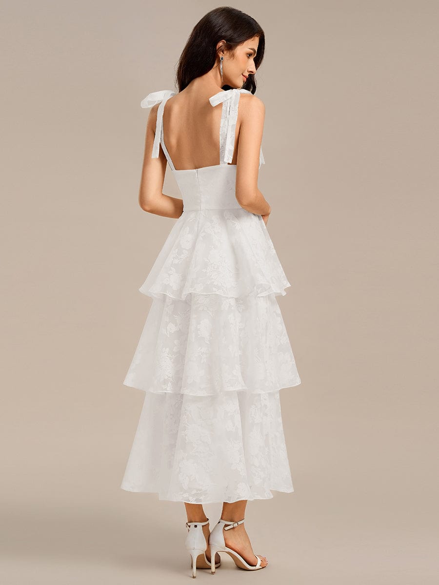 Floral Tie-Strap Bustier Tiered Midi Wedding Guest Dress #color_Cream
