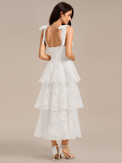 Floral Tie-Strap Bustier Tiered Midi Wedding Dress #color_Cream