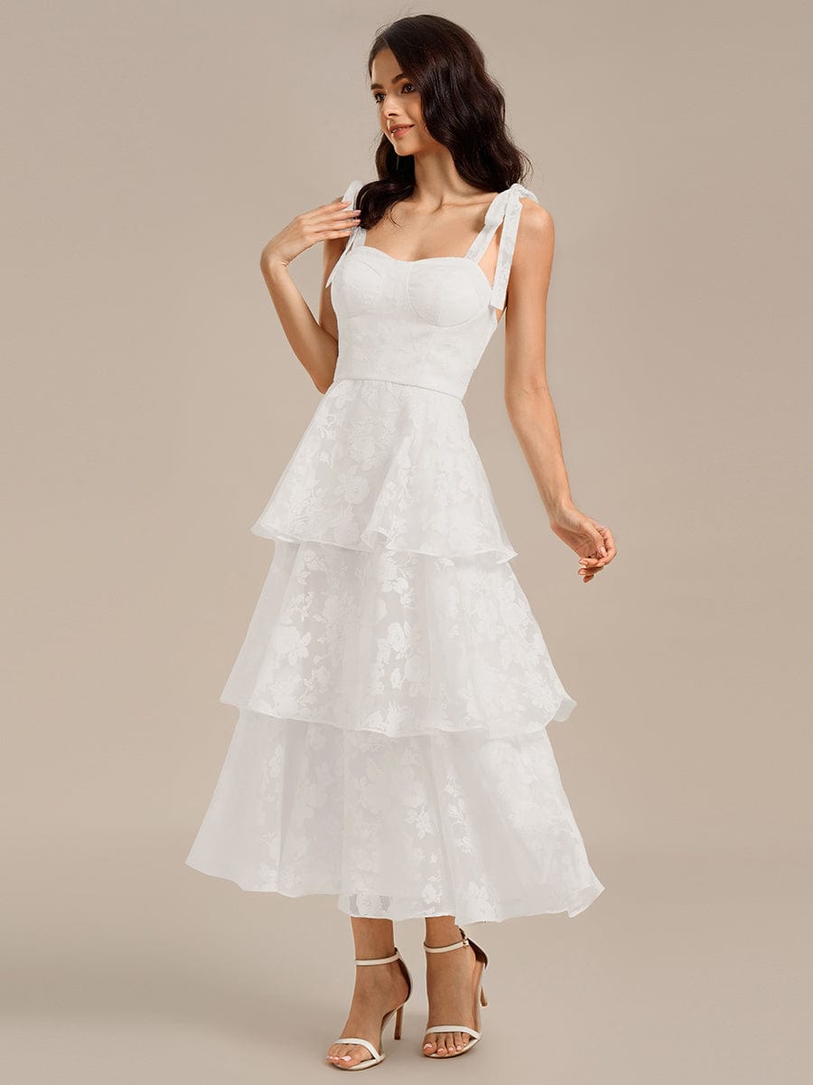Floral Tie-Strap Bustier Tiered Midi Wedding Guest Dress #color_Cream