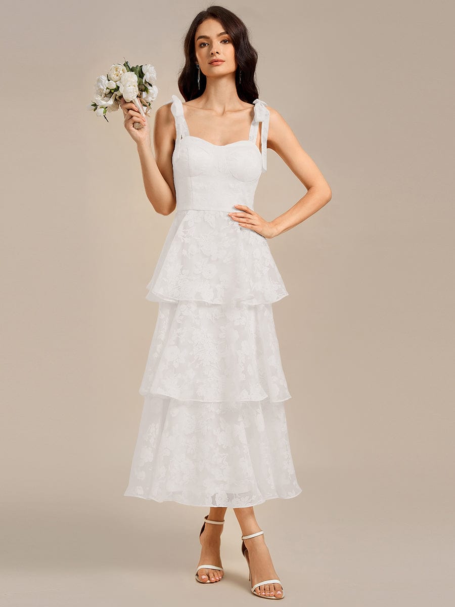 Floral Tie-Strap Bustier Tiered Midi Wedding Dress #color_Cream