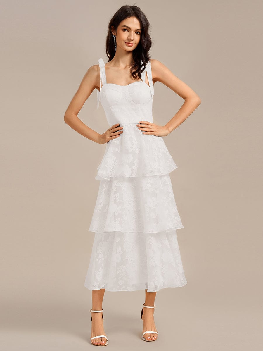 Floral Tie-Strap Bustier Tiered Midi Wedding Dress #color_Cream