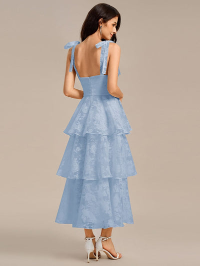 Floral Tie-Strap Bustier Tiered Midi Wedding Guest Dress #color_Ice Blue