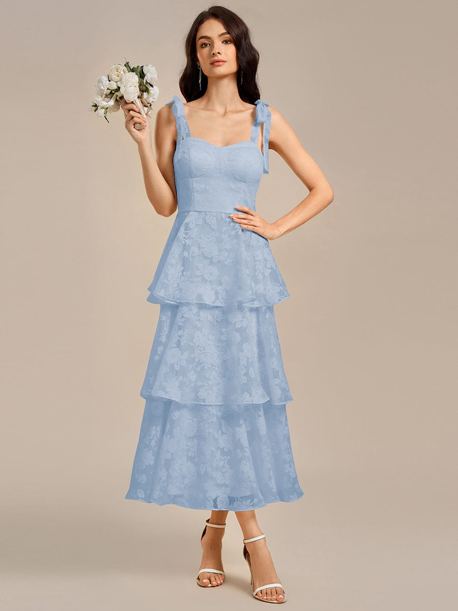 bustier midi dress wedding guest Floral Bustier Midi Wedding Guest Dress with Tie Straps and Tiered Skirt