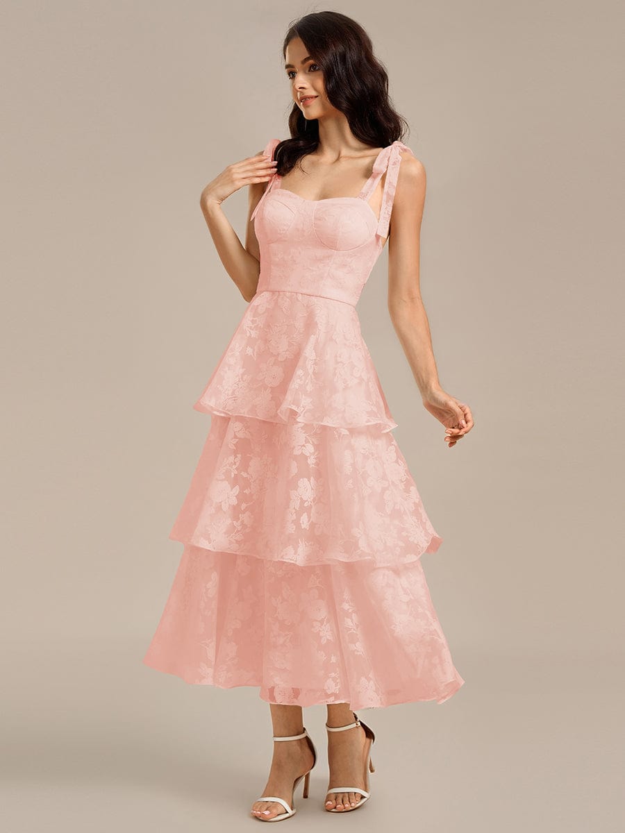 Floral Tie-Strap Bustier Tiered Midi Wedding Guest Dress #color_Pink