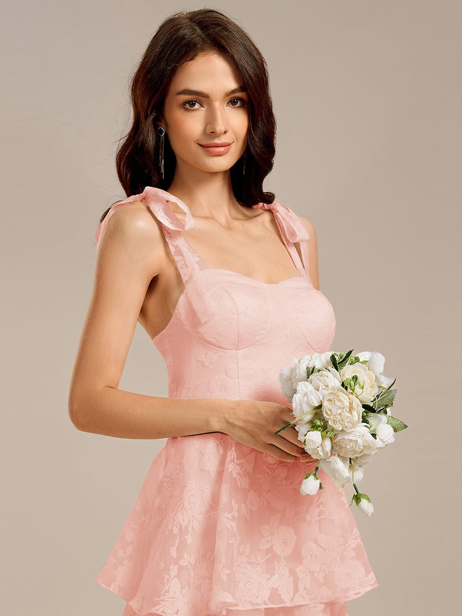 Floral Tie-Strap Bustier Tiered Midi Wedding Guest Dress #color_Pink