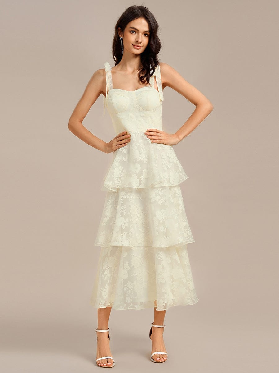 Floral Tie-Strap Bustier Tiered Midi Wedding Guest Dress #color_Yellow