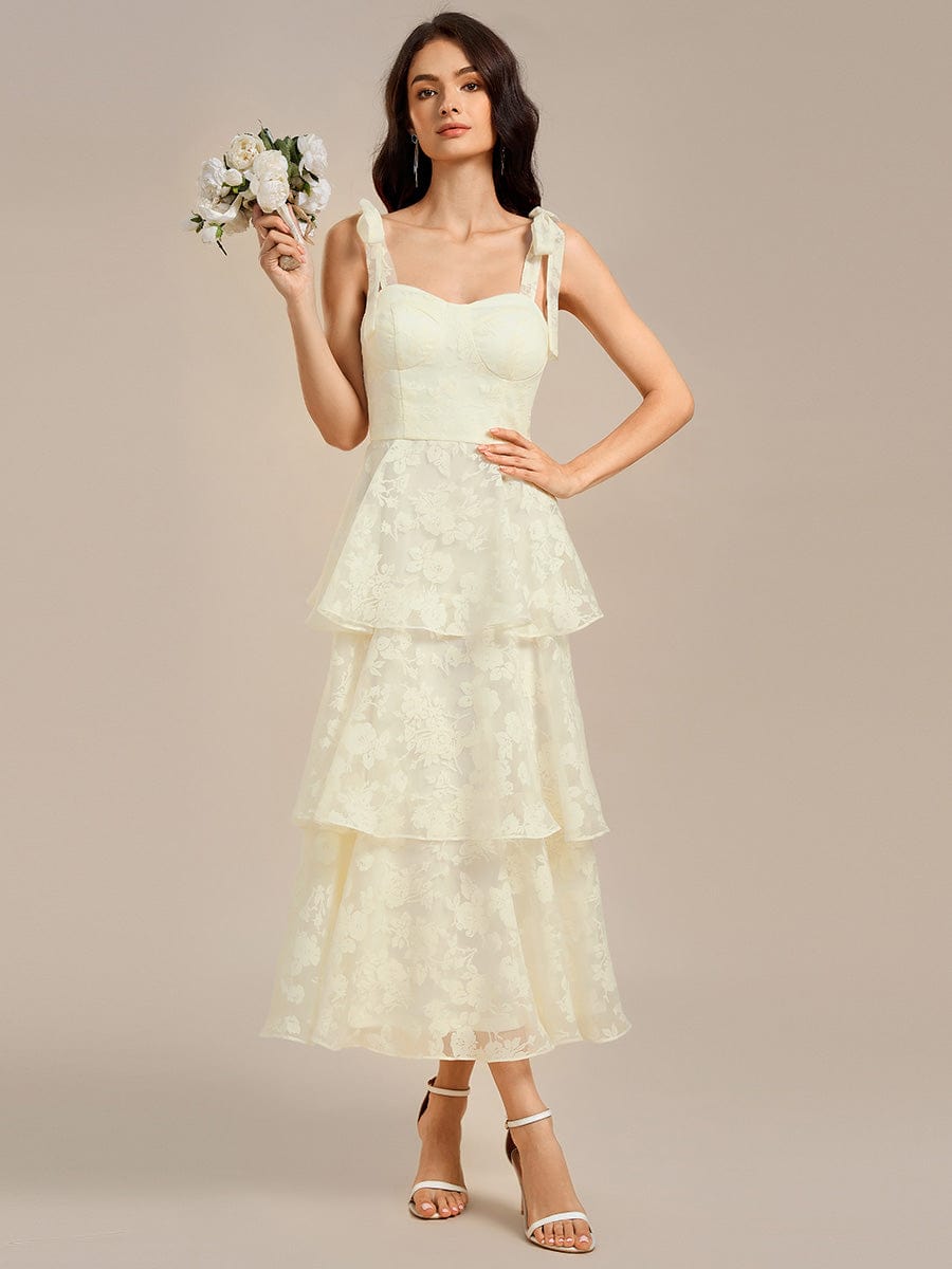 Floral Tie-Strap Bustier Tiered Midi Wedding Guest Dress #color_Yellow
