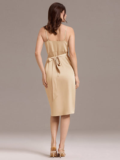 Pleated Sheath/Column Satin Asymmetrical Wrap Midi Wedding Guest Dress #color_Champagne