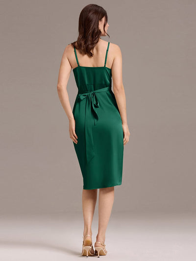 Pleated Sheath/Column Satin Asymmetrical Wrap Midi Wedding Guest Dress #color_Dark Green