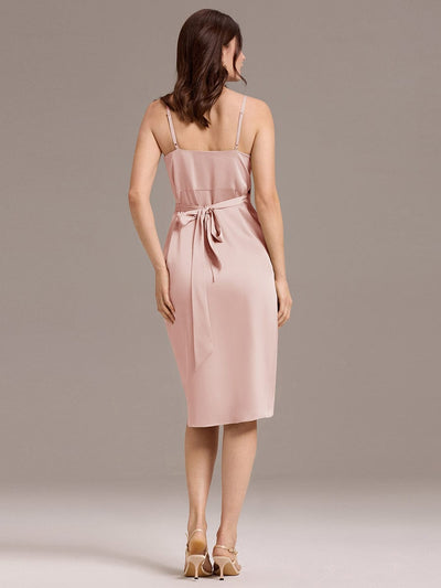 Pleated Sheath/Column Satin Asymmetrical Wrap Midi Wedding Guest Dress #color_Pink