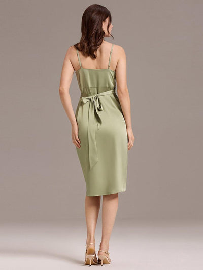 Pleated Sheath/Column Satin Asymmetrical Wrap Midi Wedding Guest Dress #color_Sage Green