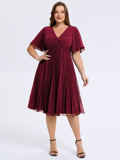 Plus Size Pleated Midi Wedding Guest Dress #color_Burgundy