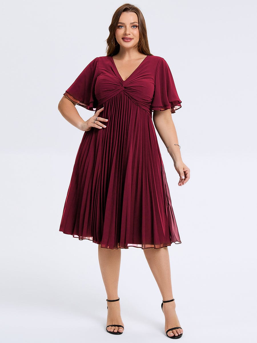 Plus Size Pleated Midi Wedding Guest Dress #color_Burgundy