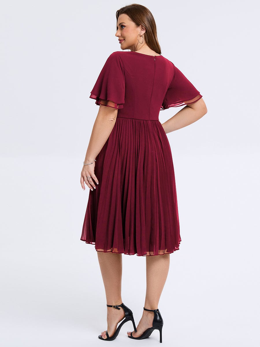 Plus Size Pleated Midi Wedding Guest Dress #color_Burgundy