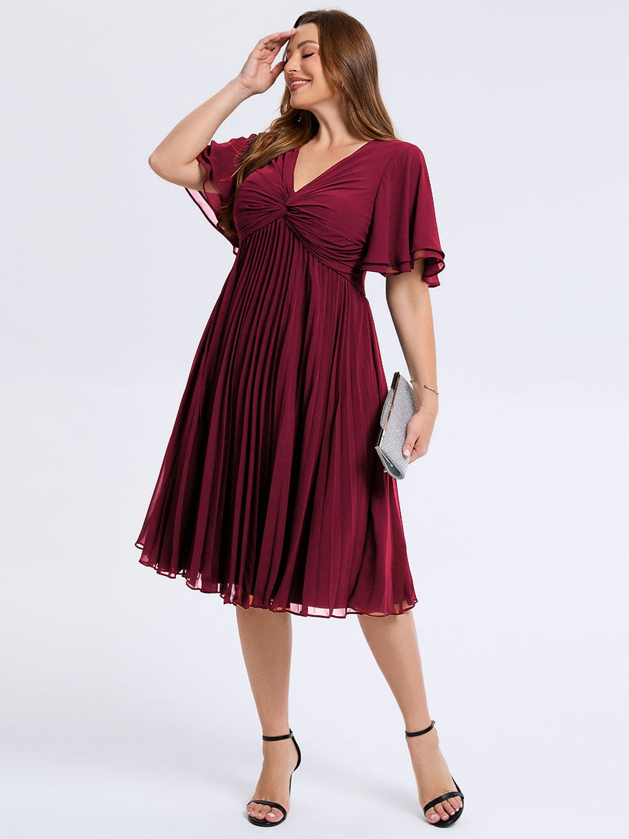 Plus Size Pleated Midi Wedding Guest Dress #color_Burgundy