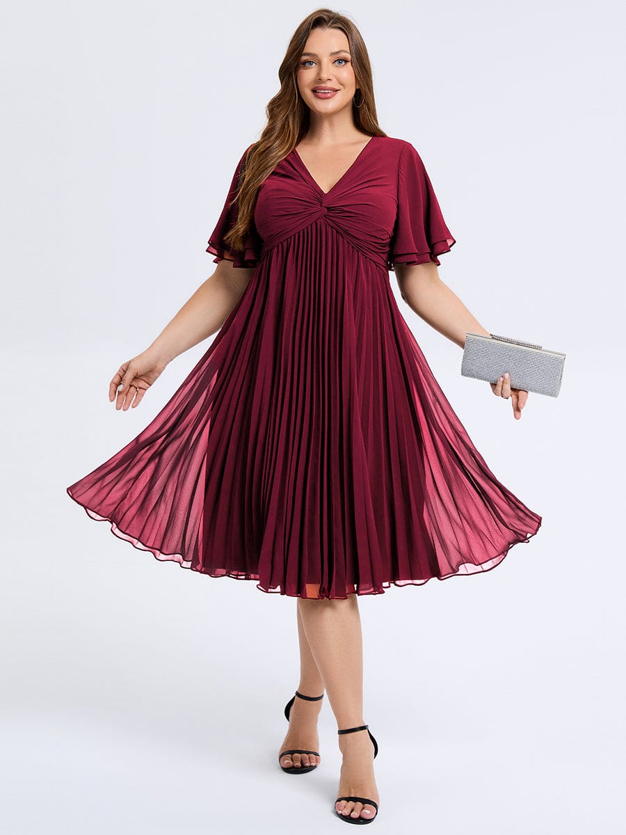Plus Size Pleated Midi Wedding Guest Dress #color_Burgundy