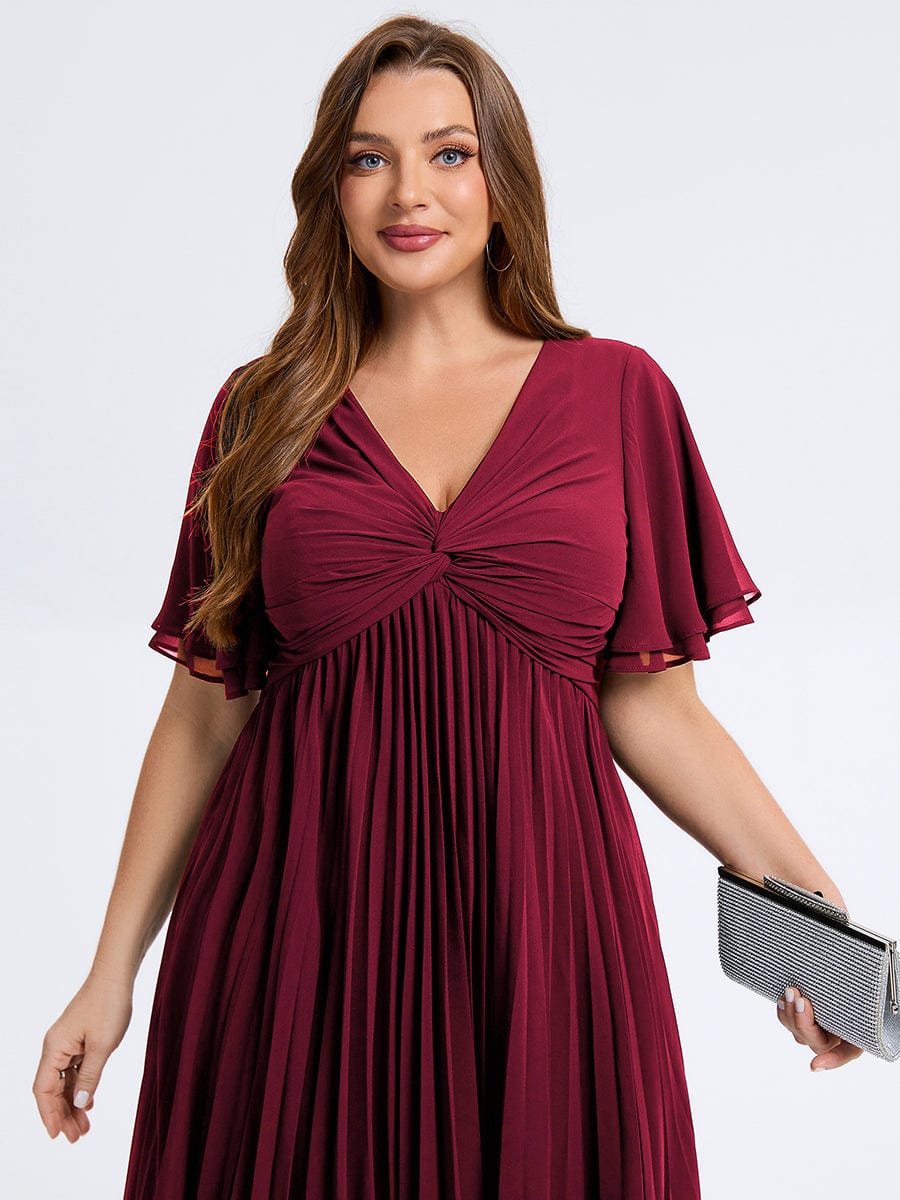 Plus Size Pleated Midi Wedding Guest Dress #color_Burgundy