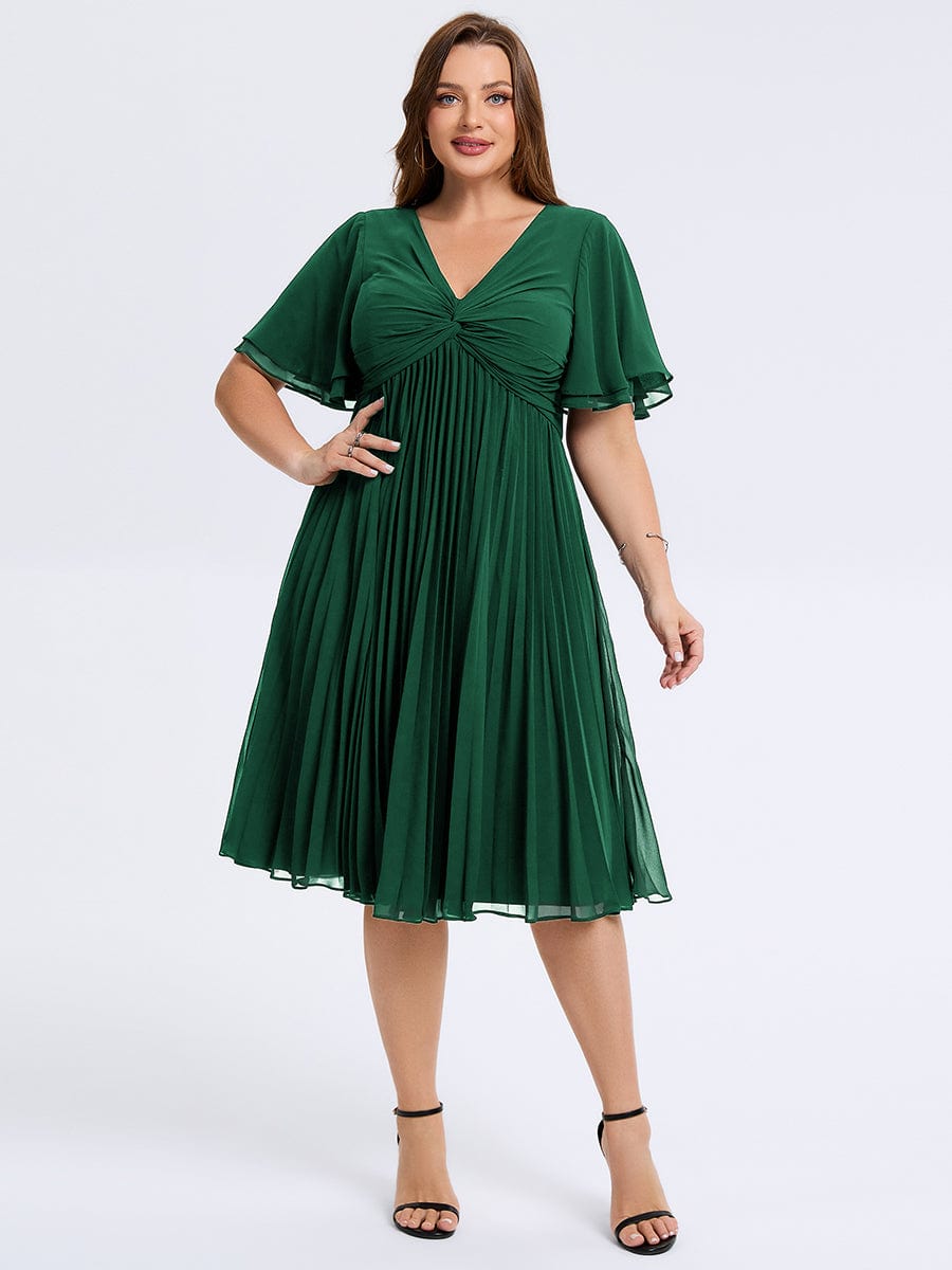 Plus Size Pleated Midi Wedding Guest Dress #color_Dark Green