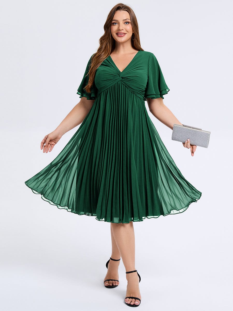 Plus Size Pleated Midi Wedding Guest Dress #color_Dark Green