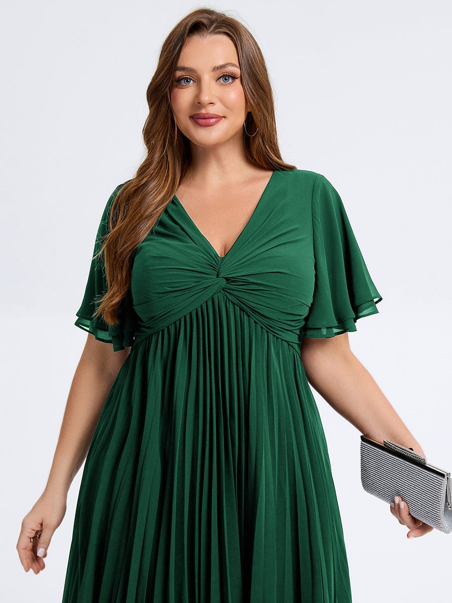 Plus Size Pleated Midi Wedding Guest Dress #color_Dark Green