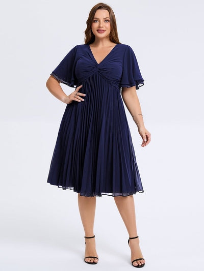 Plus Size Pleated Midi Wedding Guest Dress #color_Navy Blue