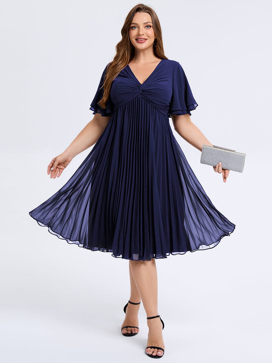 Plus Size Pleated Midi Wedding Guest Dress #color_Navy Blue