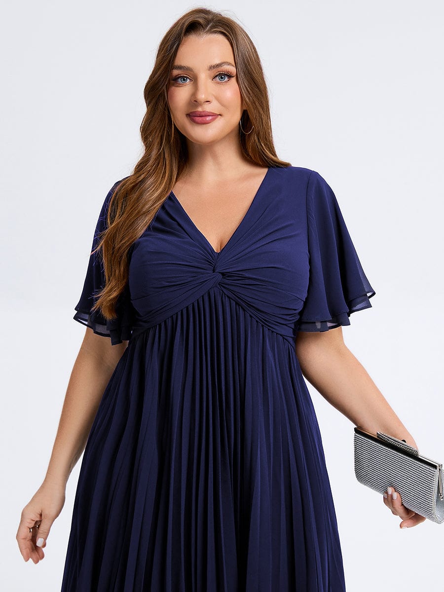 Plus Size Pleated Midi Wedding Guest Dress #color_Navy Blue