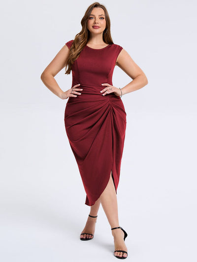 Plus Size Slit Bodycon Wedding Guest Dress #color_Burgundy