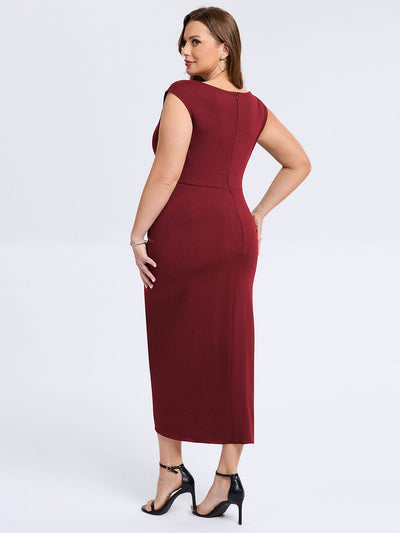 Plus Size Slit Bodycon Wedding Guest Dress #color_Burgundy