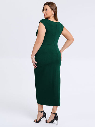 Plus Size Slit Bodycon Wedding Guest Dress #color_Dark Green