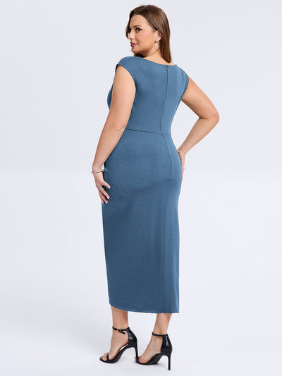 Plus Size Slit Bodycon Wedding Guest Dress #color_Dusty Blue