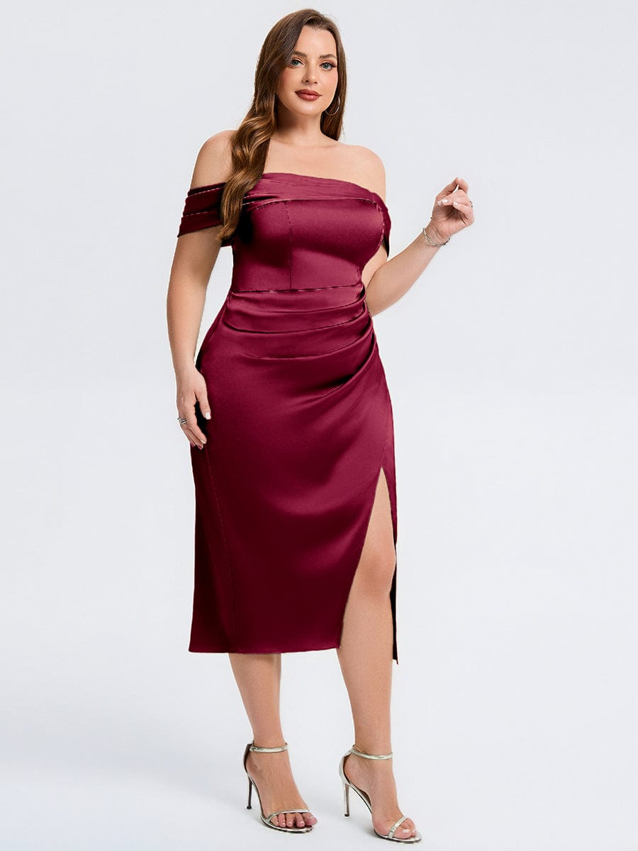 Plus Size Slit Satin Wedding Guest Dress #color_Burgundy