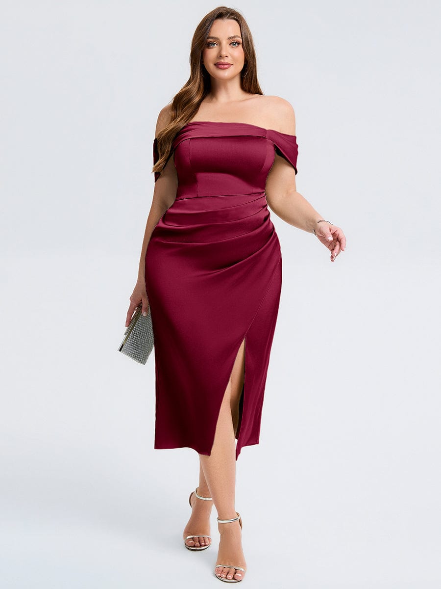 Plus Size Slit Satin Wedding Guest Dress #color_Burgundy