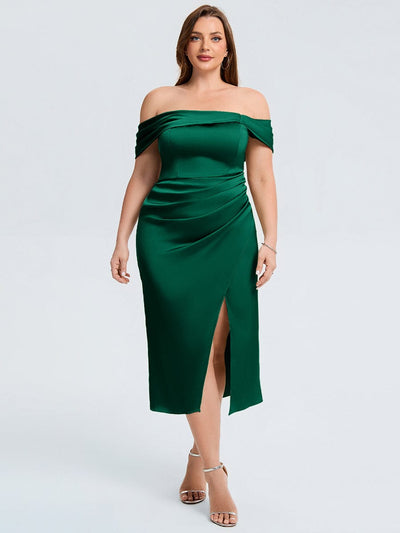 Plus Size Slit Satin Wedding Guest Dress #color_Dark Green