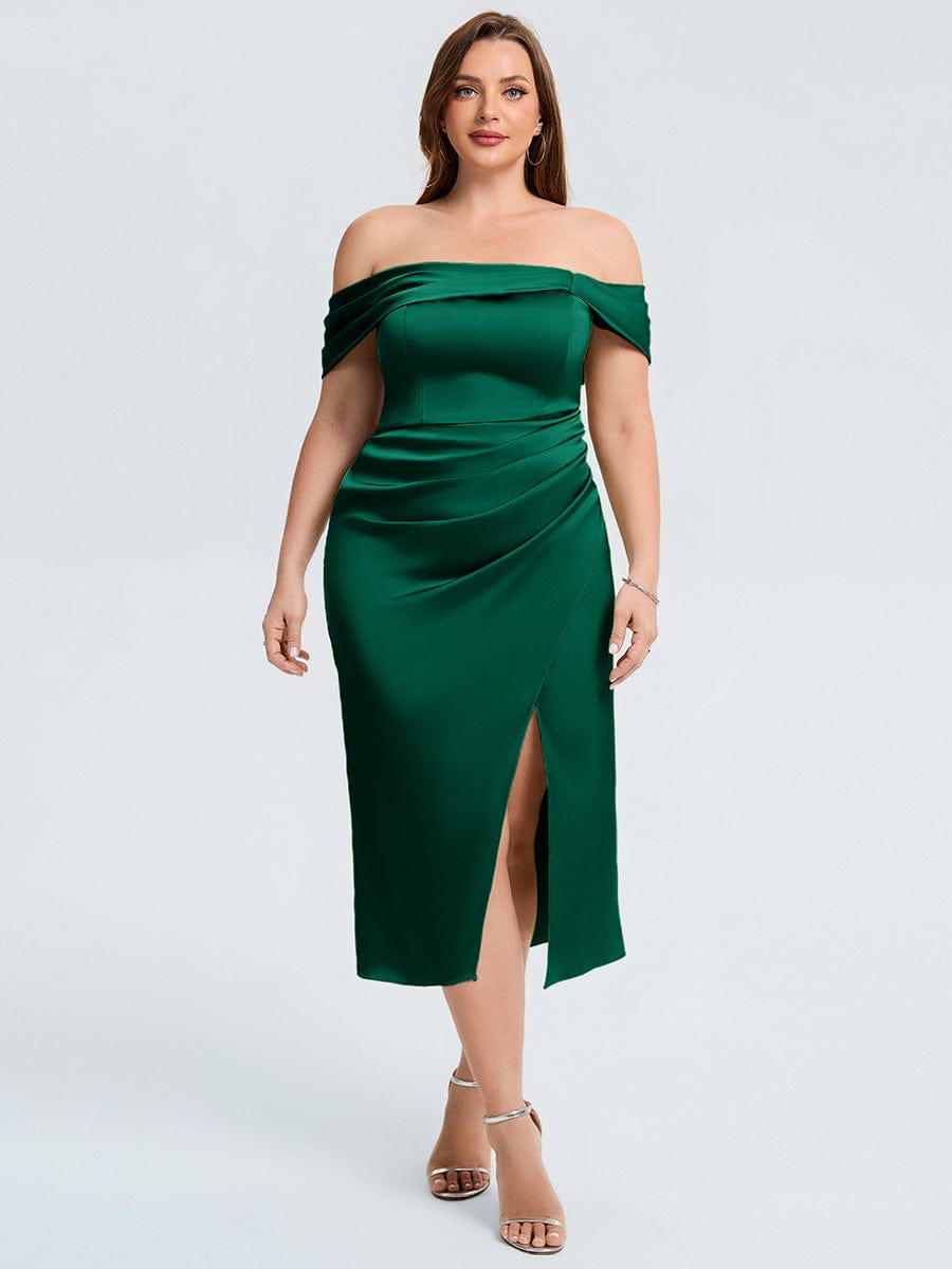 Plus Size Slit Satin Wedding Guest Dress #color_Dark Green