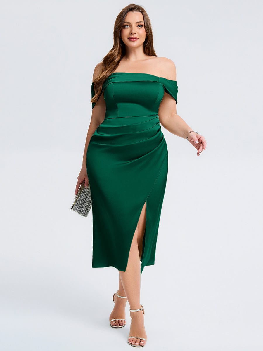 Plus Size Slit Satin Wedding Guest Dress #color_Dark Green